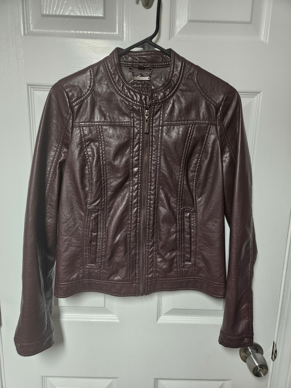 Jou Jou Women's Faux Leather Moto Jacket in Burgundy Brown